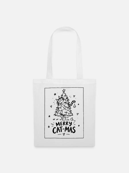 Merry Cat-Mas – Katze im Weihnachtsbaum - Stoffbeutel - Weiß