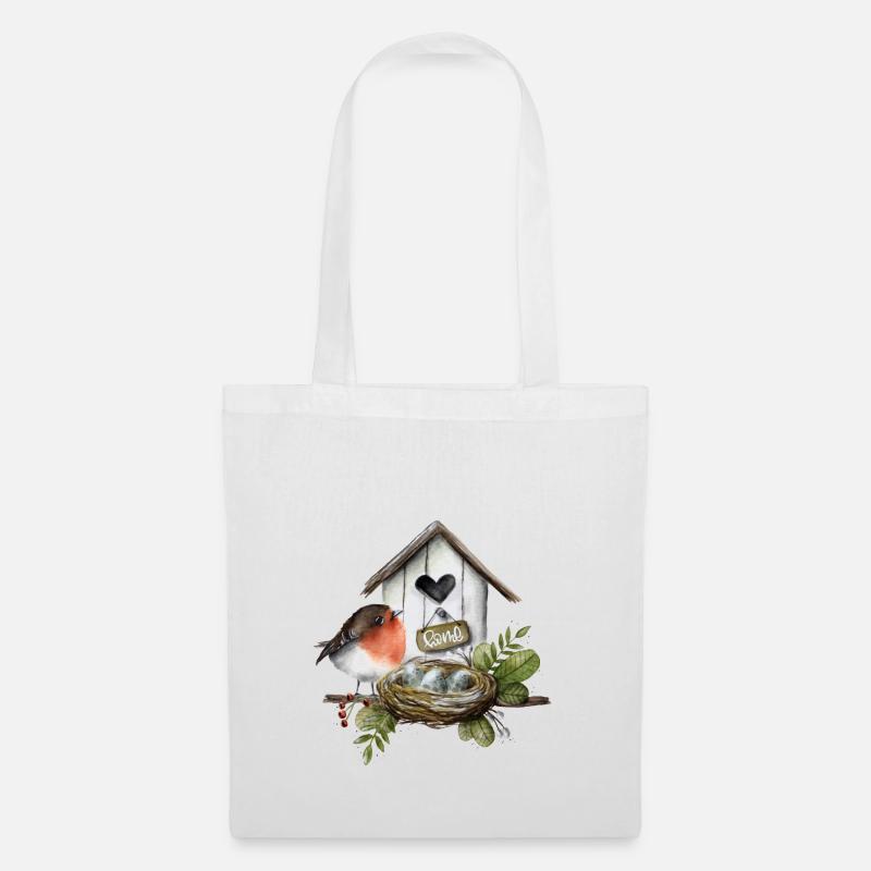 Vogelhaus mit Rotkehlchen - Stoffbeutel - Weiß