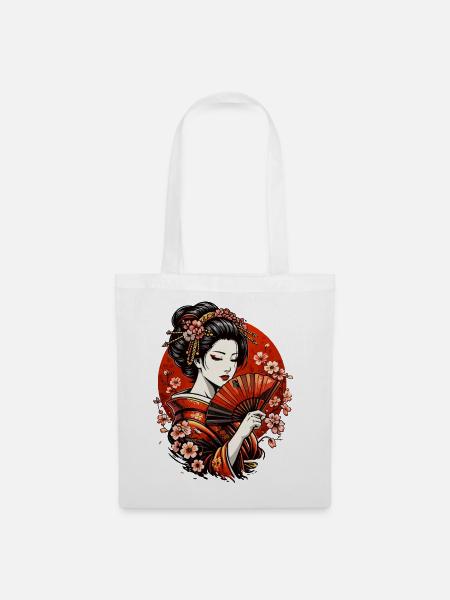 Geisha mit Fächer und Kirschblüten - Stoffbeutel - Weiß