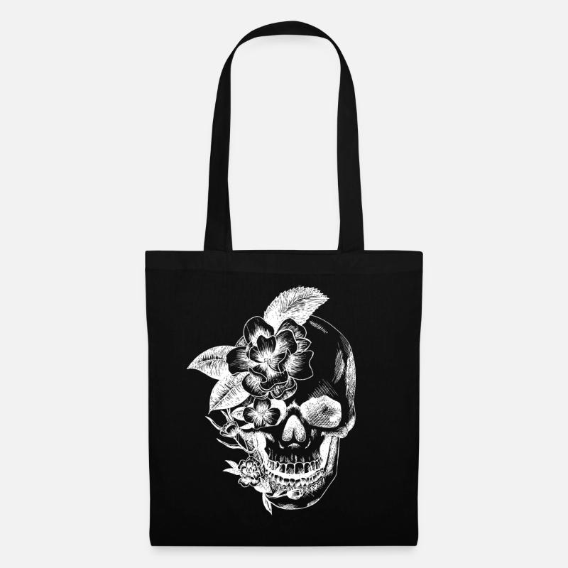 crâne et fleurs - Sac en tissu - noir