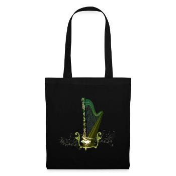 Harpe celtique avec noeud celtique et fleurs avec oiseau - Sac en tissu - noir - Devant