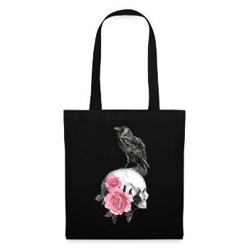 Crâne avec roses et corbeau - Sac en tissu - noir - Devant