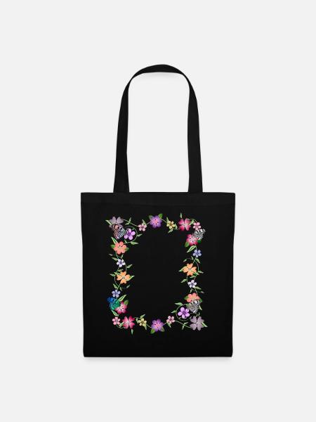 Blumenranke mit Schmetterlingen, Blumen, Insekten - Stoffbeutel - Schwarz