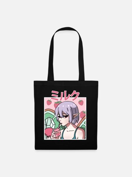 Fairycore Aesthetic Fee trinkt Erdbeermilch - Stoffbeutel - Schwarz