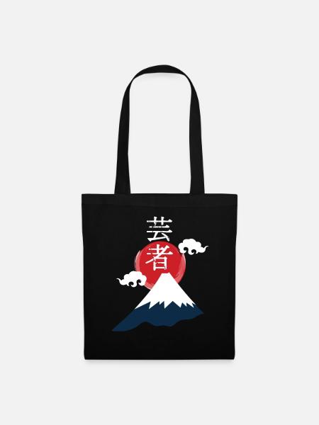 Geisha über Fuji: Rotes Sonnenmotiv - Stoffbeutel - Schwarz