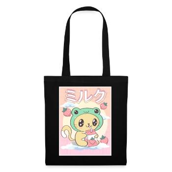 Japanese Aesthetic Kawaii Katze Frog Erdbeermilch - Stoffbeutel - Schwarz - Vorne