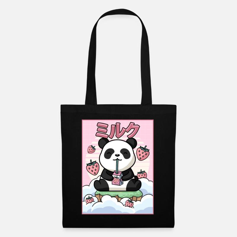 Japanese Aesthetic Kawaii Panda Bär Erdbeermilch G - Stoffbeutel - Schwarz