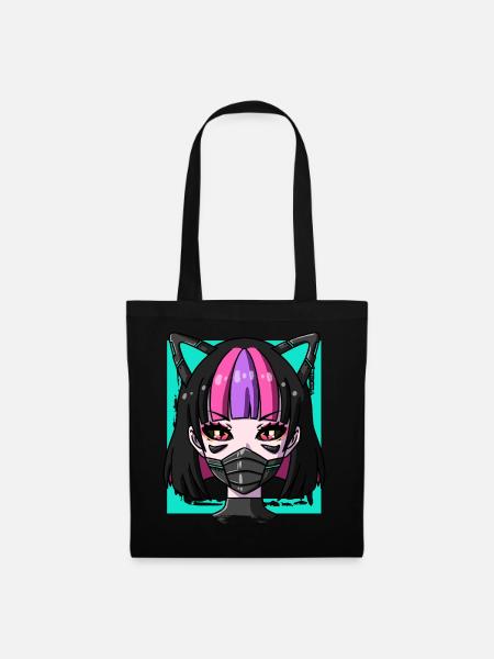 Cyborg Anime Mädchen Neko Mädchen Cyber Punk Cyber - Stoffbeutel - Schwarz
