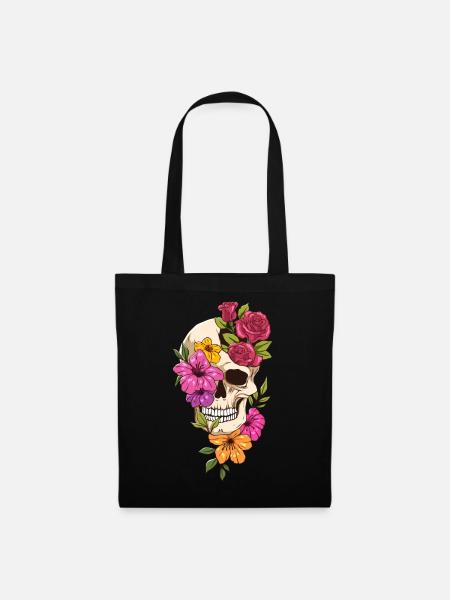 Bloomcore Ästhetische Gothic Totenkopf Rosen Blume - Stoffbeutel - Schwarz
