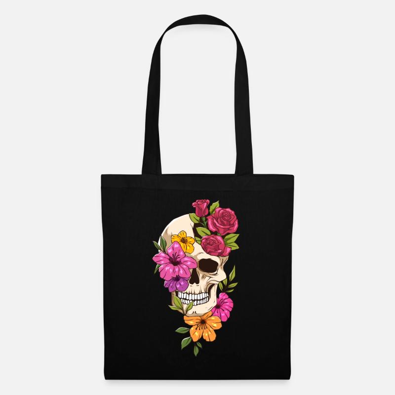 Bloomcore Ästhetische Gothic Totenkopf Rosen Blume - Stoffbeutel - Schwarz