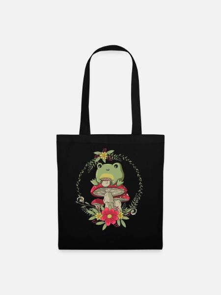 Cottagecore Aesthetic Kawaii Frog Tea Mushroom - Stoffbeutel - Schwarz