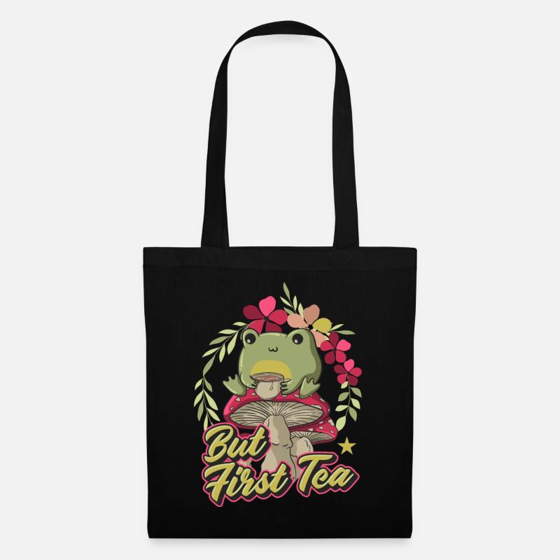 Cottagecore Aesthetic Frog Sipping Tea - Stoffbeutel - Schwarz