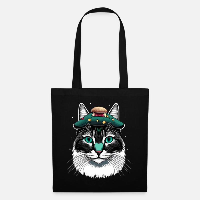 Cottagecore Ästhetische Katzen Pilz Geschenk - Stoffbeutel - Schwarz
