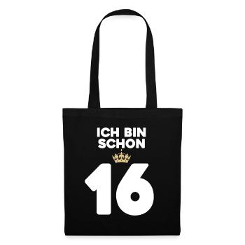 16. Geburtstag Geschenk - 16 Jahre mit Krone - Stoffbeutel - Schwarz - Vorne