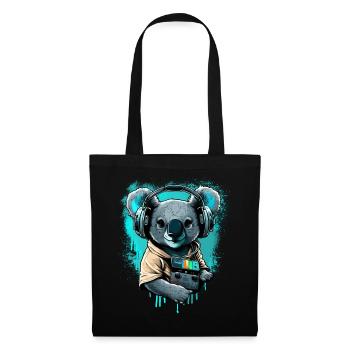 koala mit Kopfhörern und Walkman - Stoffbeutel - Schwarz - Vorne