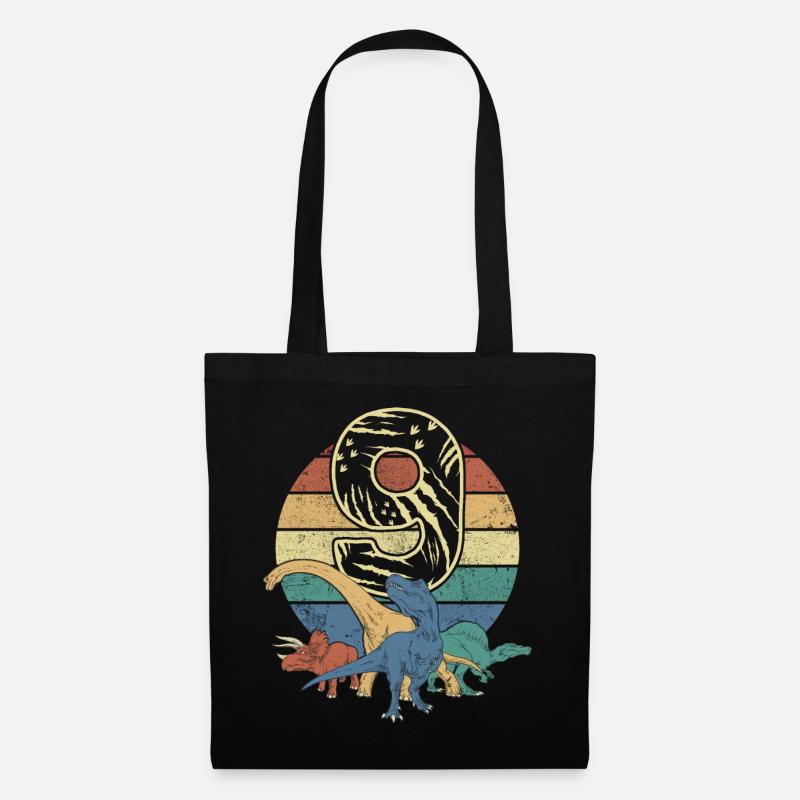 Dinosaurier 9 Jahre Geschenk 9. Geburtstag Retro - Stoffbeutel - Schwarz