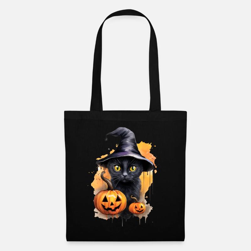 Hexenkatze Mit Hut Schwarze Katze Kürbis Halloween - Stoffbeutel - Schwarz