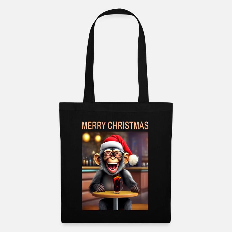 Le singe célèbre Noël avec un chapeau et une boisson - Sac en tissu - noir