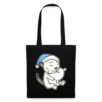 Dormir fatigué - Chat avec oreiller et bonnet somnolent - Sac en tissu - noir - Devant