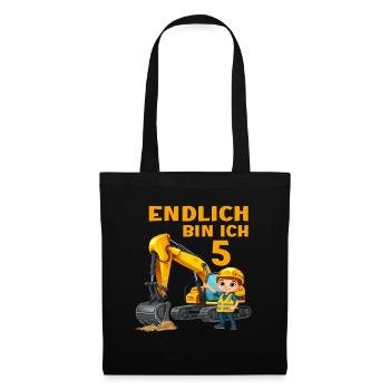 5 Geburtstag Bagger Baggern Baggerfahrer 5 Jahre - Stoffbeutel - Schwarz - Vorne