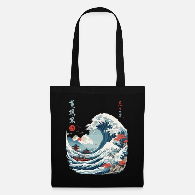 Japanische Kanagawa Welle Vintage Ukiyo-E - Stoffbeutel - Schwarz
