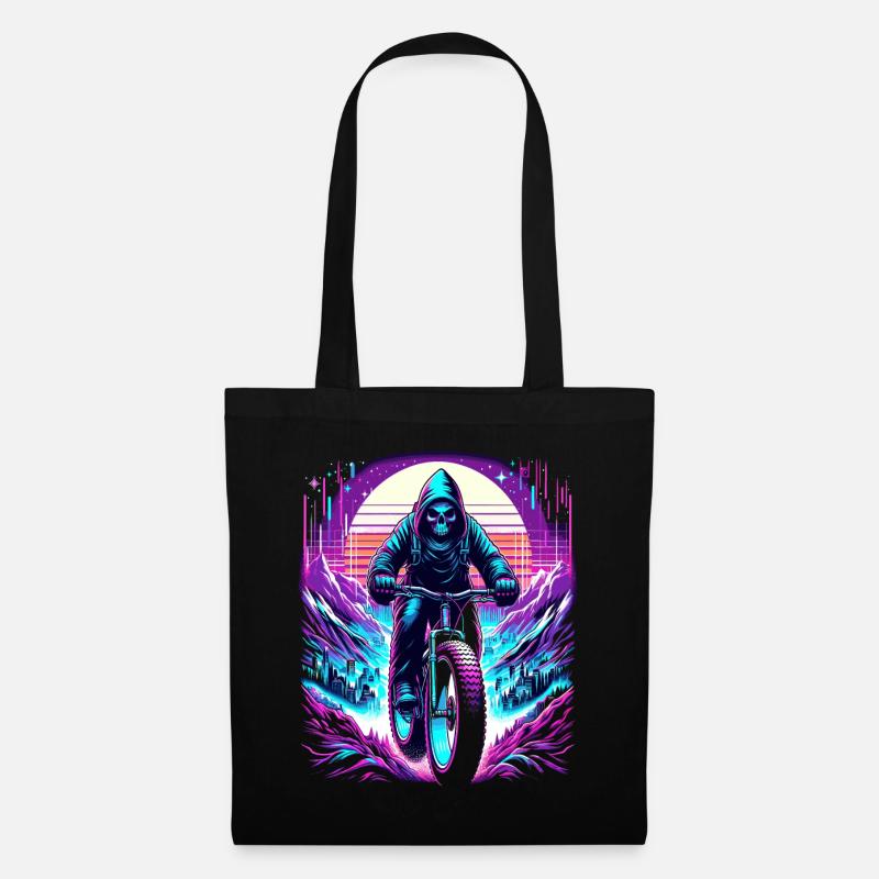 Skelett Fatbiker Synthwave Retro Fahrrad Fahrer - Stoffbeutel - Schwarz