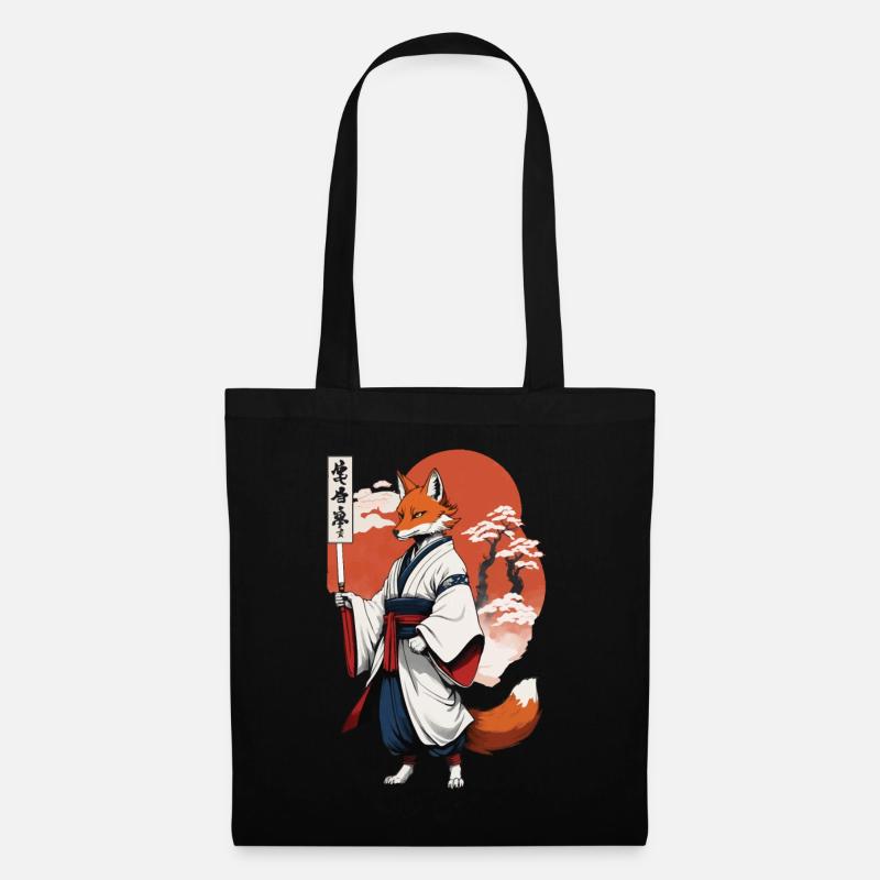 Ukiyo-E Kunst Stil Japanische Kitsune Fuchs - Stoffbeutel - Schwarz