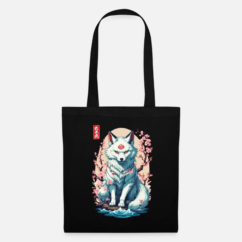 Kitsune Maske und Kirschblüten Aesthetic Design - Stoffbeutel - Schwarz