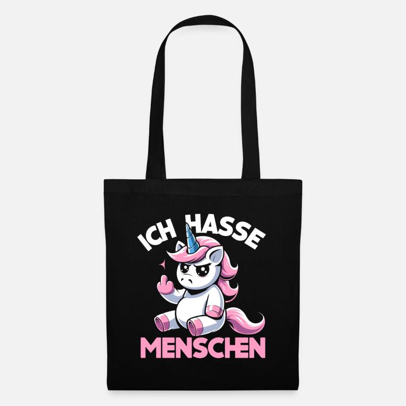 Grimmiges Einhorn – Ich Hasse Menschen - Stoffbeutel - Schwarz