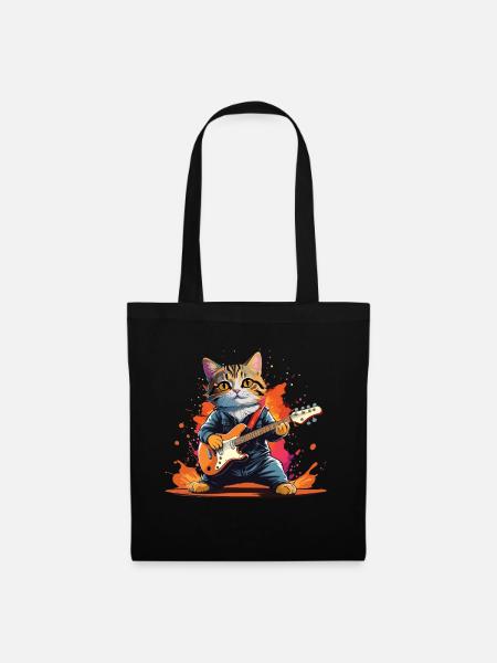 Cartoon Cat Plays Guitar Instruments Rock Cute - Tote Bag - black