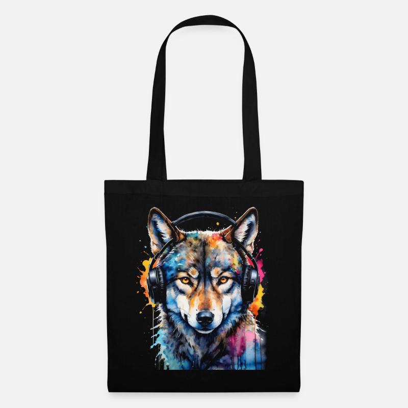 Wolf Kopfhörer Musik Bunt Tier Design Print - Stoffbeutel - Schwarz