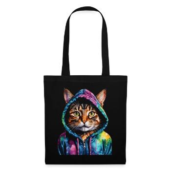 Katze Hoodie Bunt Lustig Tier Design Print - Stoffbeutel - Schwarz - Vorne