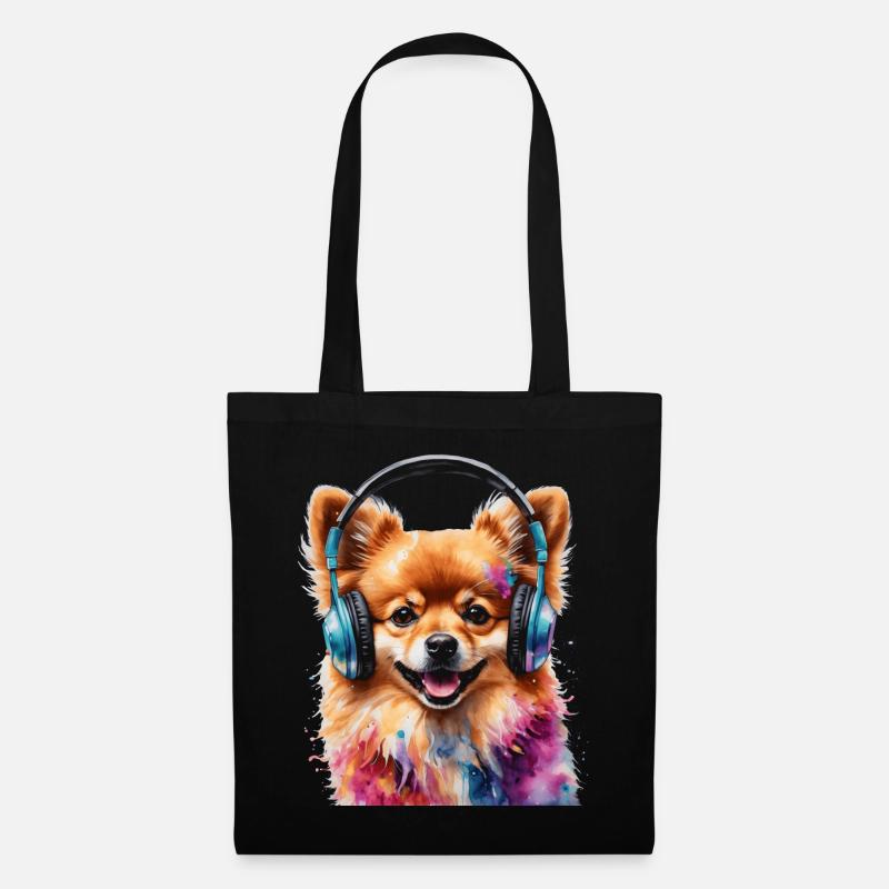 Pomeranian Zwergspitz Kopfhörer Hund Print - Stoffbeutel - Schwarz
