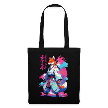 Kitsune Samurai Fuchs Aesthetic Vaporwave Stil - Stoffbeutel - Schwarz - Vorne
