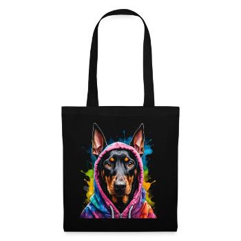 Dobermann Hoodie Hund Bunt Lustig Tier Print - Stoffbeutel - Schwarz - Vorne