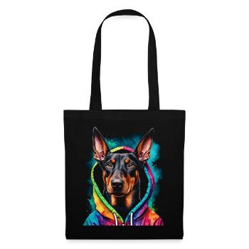 Dobermann Hoodie Hund Bunt Lustig Tier Print - Stoffbeutel - Schwarz - Vorne
