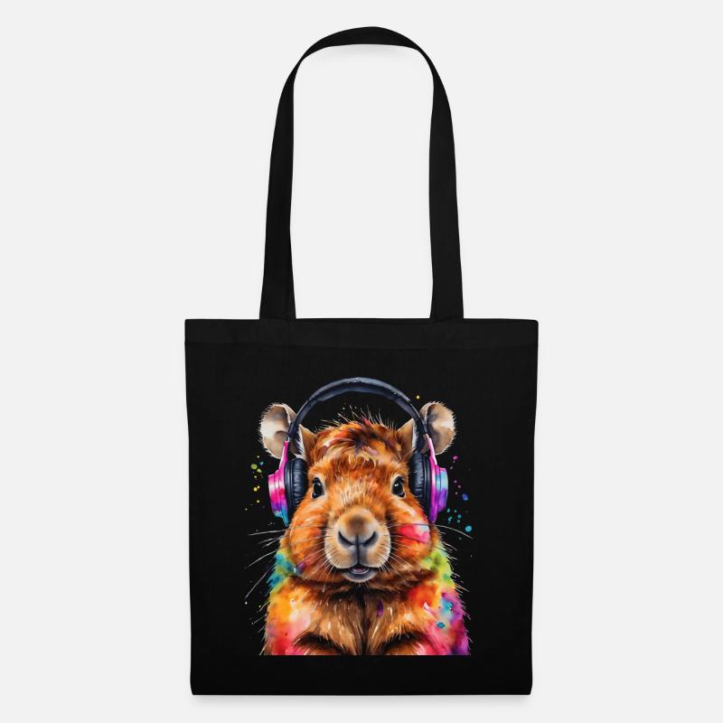 Capybara Kopfhörer Capy Bunt Tier Design Print - Stoffbeutel - Schwarz