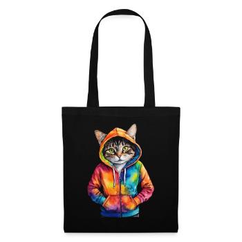 Katze Hoodie Bunt Lustig Tier Design Print - Stoffbeutel - Schwarz - Vorne
