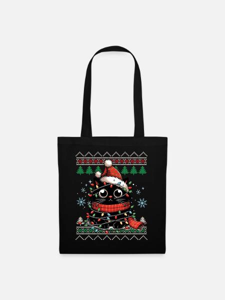 Lustiger Katzen Hässlicher Weihnachts Pullover - Stoffbeutel - Schwarz
