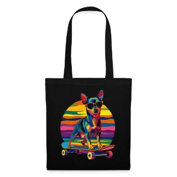 Zwergpinscher Hund Skateboard Sonnenbrille Popart - Stoffbeutel - Schwarz - Vorne