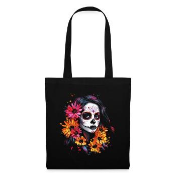 Lebhafte Catrina - Sonnenblumen Dia de los Muertos - Stoffbeutel - Schwarz - Vorne