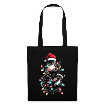 Chat Siamois Bouquet Père Noël Chapeau Noël - Sac en tissu - noir - Devant