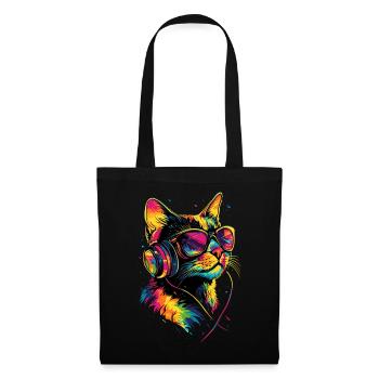 Katze Sonnenbrille Kopfhörer Musik Bunt DJ Katzen - Stoffbeutel - Schwarz - Vorne