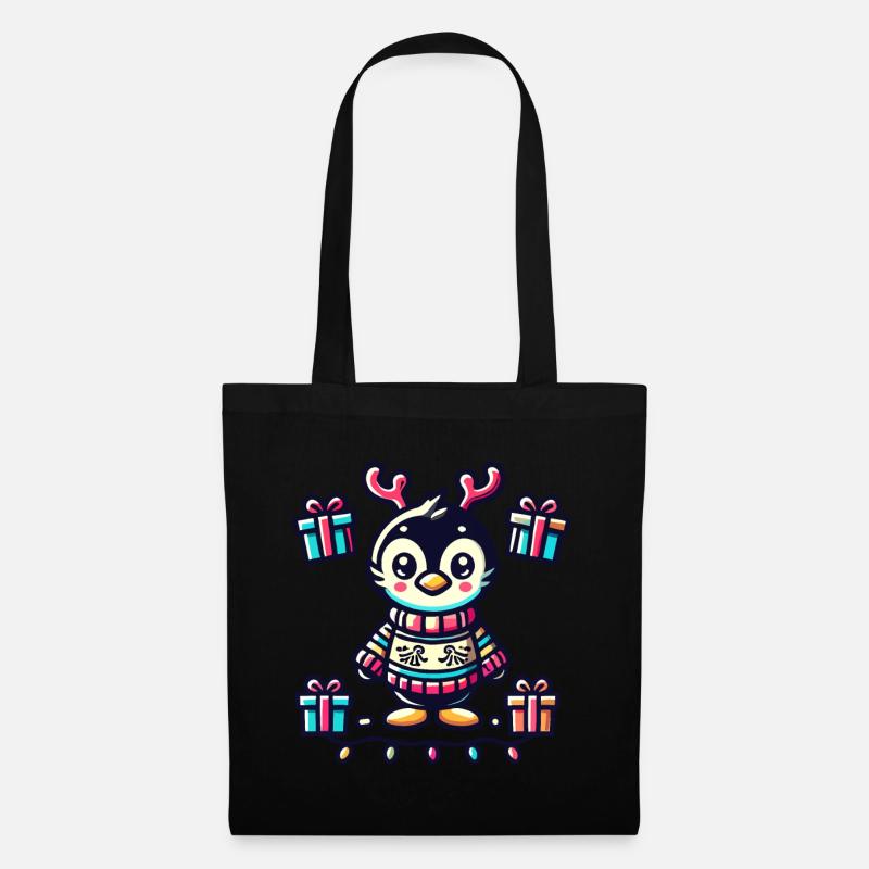 Süßer Pinguin Mit Rentiergeweih Und Geschenken - Stoffbeutel - Schwarz