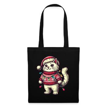 Christmas cat in sweater with fairy lights - Tote Bag - black - Front