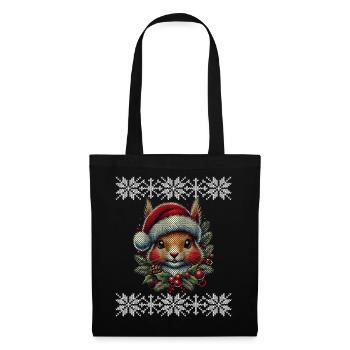 Weihnachtliches Eichhörnchen Mit Mütze - Stoffbeutel - Schwarz - Vorne