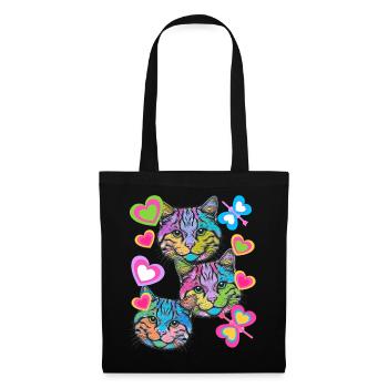 Katzen Katze Retro Schmetterlinge Herz Vintage - Stoffbeutel - Schwarz - Vorne