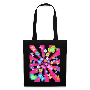 Blumen Blume Herz Herzen Schmetterlinge Retro 80er - Stoffbeutel - Schwarz - Vorne