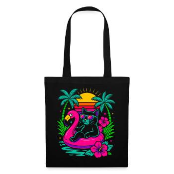 Chat d’été cool sur flamant rose - Look rétro - Sac en tissu - noir - Devant