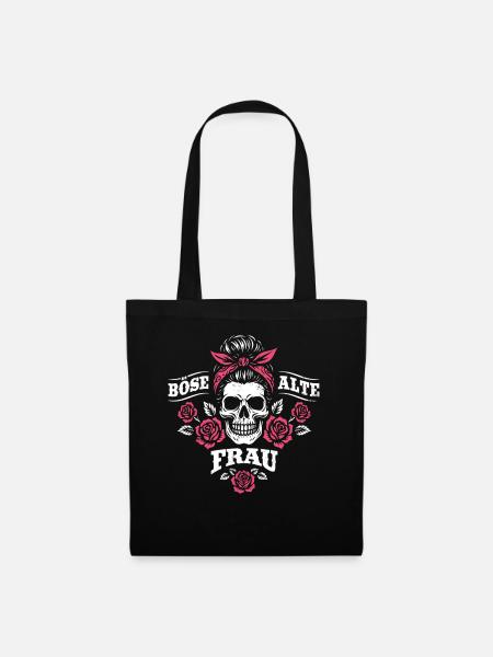Böse alte Frau - Totenkopf - Rosen - Spruch - Stoffbeutel - Schwarz
